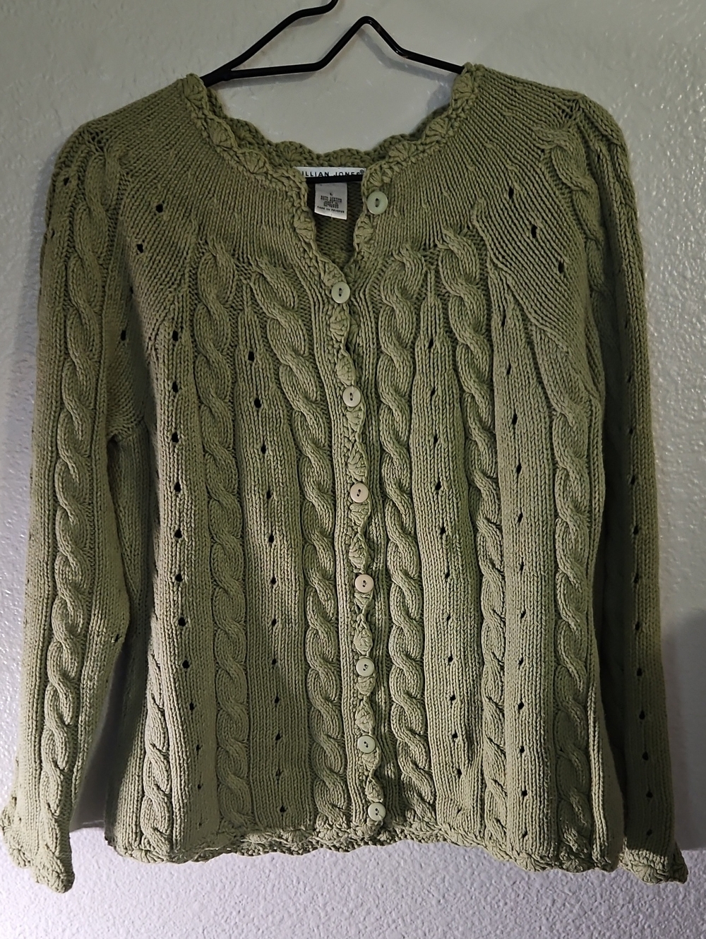 Jillian Jones Olive Green Cable Knit Cardigan Sweater L EUC